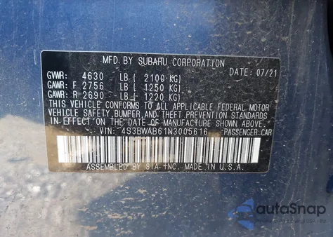 2022 Subaru Legacy z USA, uszkodzony, nr VIN 4S3BWAB61N3005616